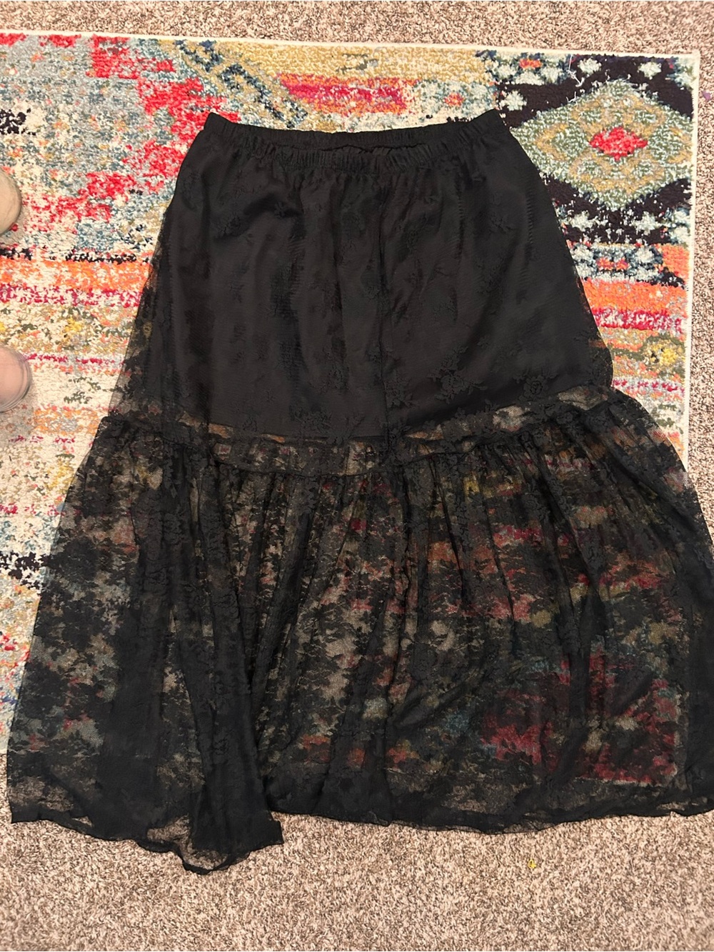 SHEIN Black Lace Tiered Maxi Skirt with Sheer Overlay